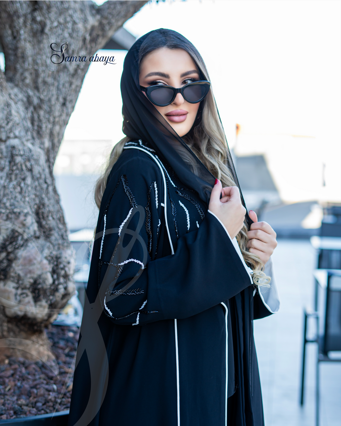 Black Abaya with white strips