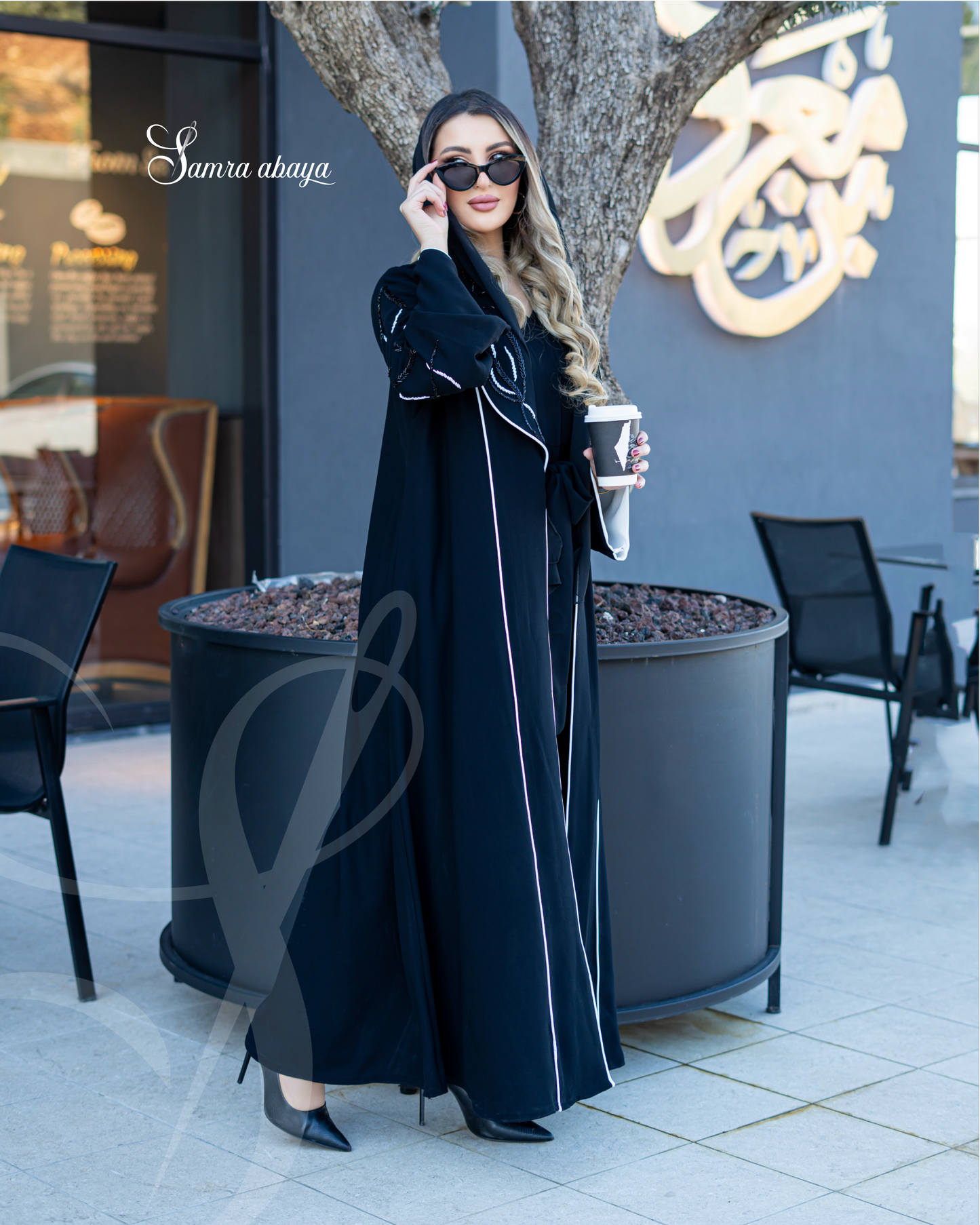 Black Abaya with white strips